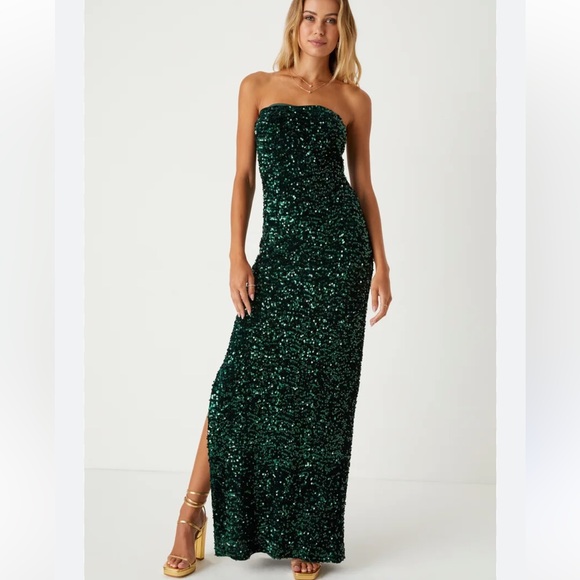 Lulus Dresses & Skirts - Lulu's Fabulous Radiance Emerald Green Sequin Strapless Maxi Dress Gown Sz Large